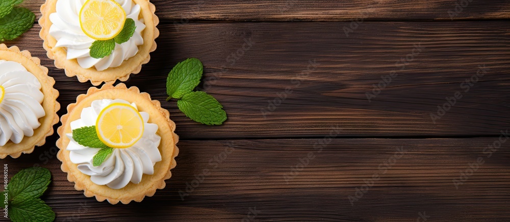 Fototapete Delicious lemon tarts topped with whipped cream and garnished with mint leaves, displayed on a rustic wooden table. with copy space image. Place for adding text or design