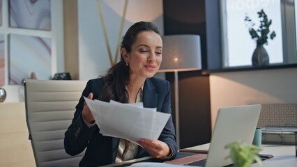 Happy woman greeting video waving hand at office using laptop camera closeup