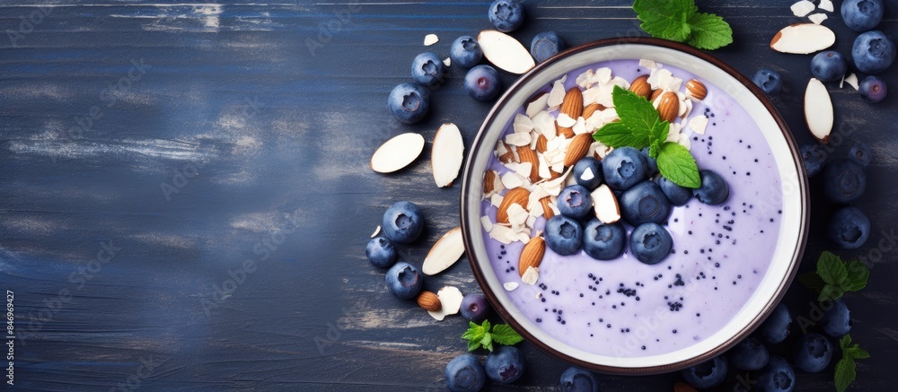 Poster a vibrant blueberry smoothie bowl topped with crunchy almonds and fresh mint leaves. with copy space
