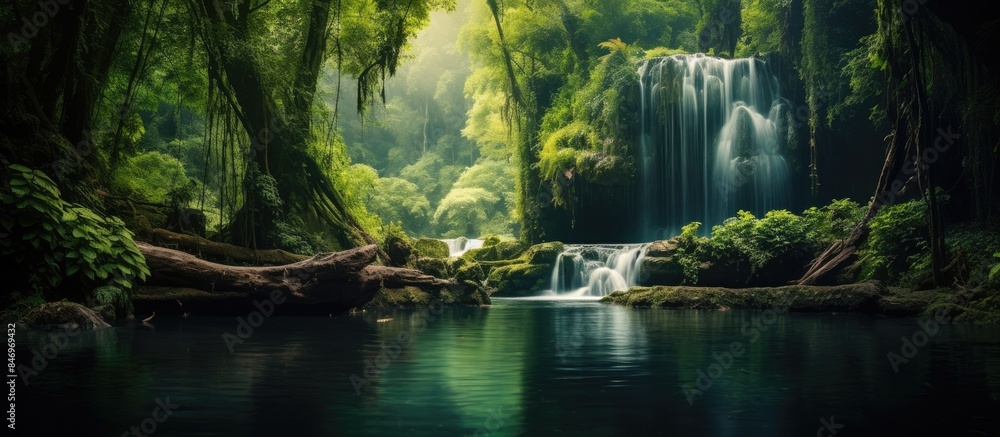 Poster Nested deep in the dense greenery lies a picturesque waterfall surrounded by lush forest foliage. with copy space image. Place for adding text or design