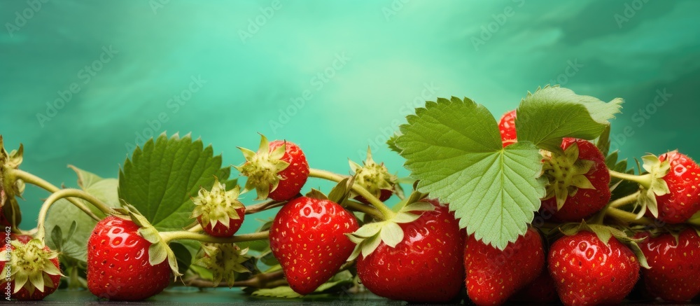 Poster close-up of ripe strawberries with green leaves arranged on a wooden table. with copy space image. p