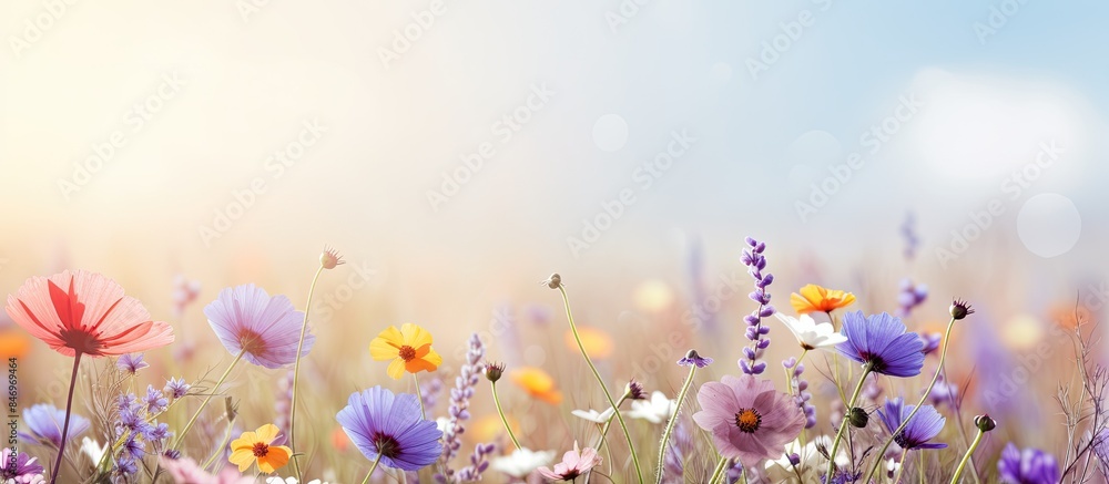 Leinwandbilder vibrant flowers blooming in a field under a clear blue sky during summer, creating a wild and beauti