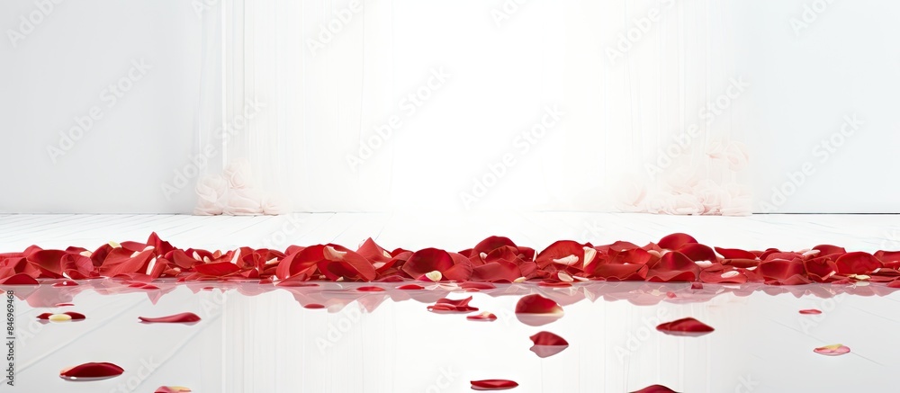 Aufkleber red rose petals falling gently onto a pristine white mirrored floor, creating a beautiful contrast. with copy space image. Place for adding text or design