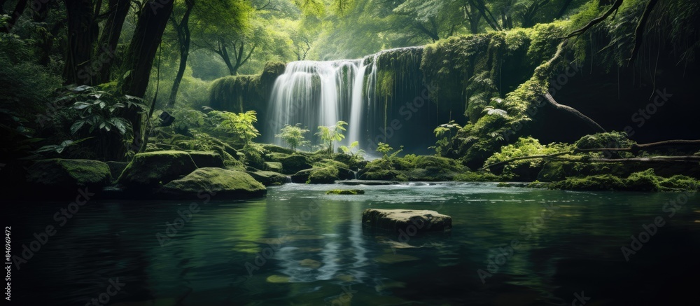 Poster Cascading waterfalls flow serenely through a verdant jungle, surrounded by moss-covered rocks and towering trees. with copy space image. Place for adding text or design