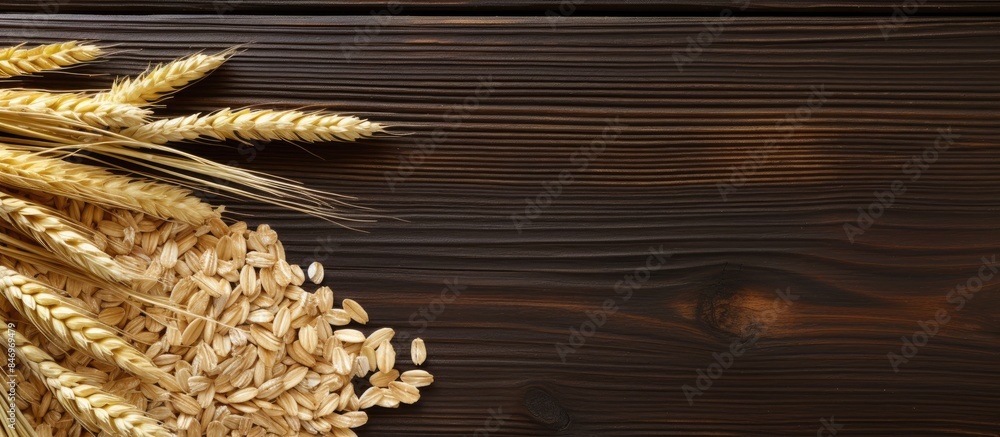 Poster display of wheat grains and ears on a rustic wooden table, creating a natural and organic scene for 