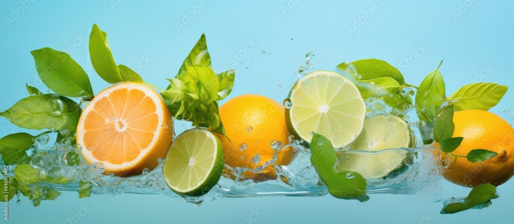 Leinwandbilder group of citrus fruits - oranges and limes - immersed in clear water, ready for a refreshing summer 