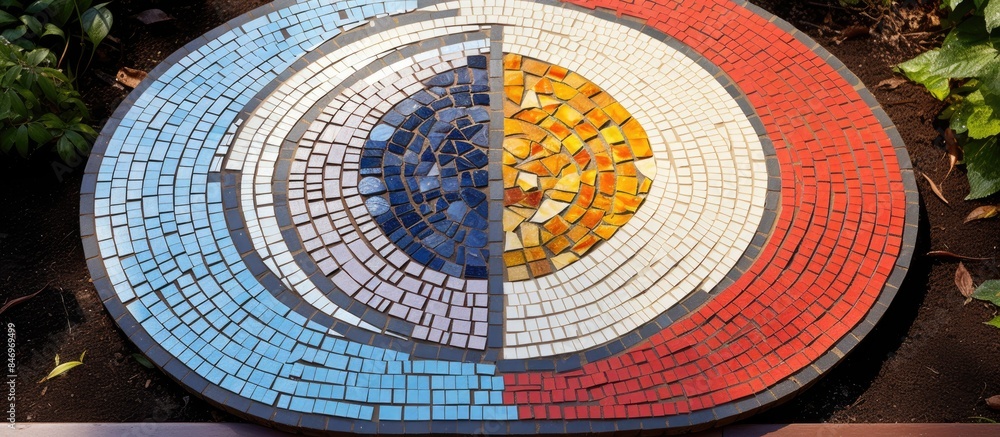 Aufkleber Close-up of a unique mosaic table featuring a central sun design, crafted in a non-standard square shape in earth harmony technique. with copy space image. Place for adding text or design