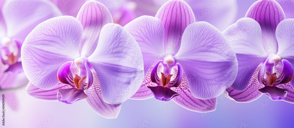 Poster Vibrant violet orchids in full bloom against a matching lavender background. with copy space image. Place for adding text or design