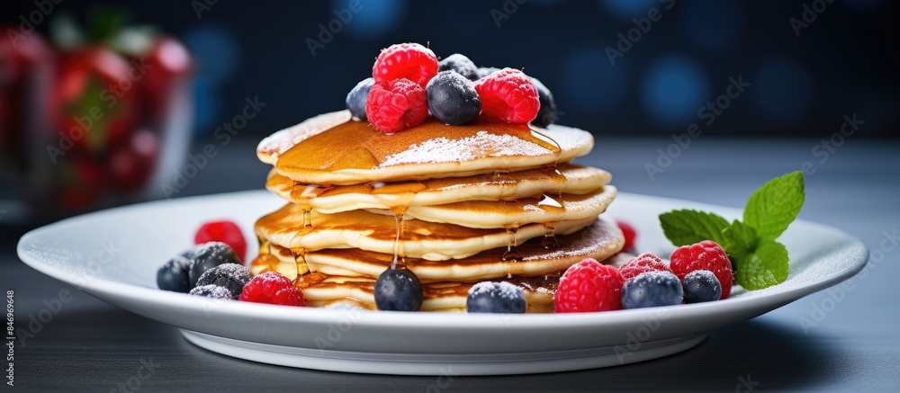 Leinwandbilder delicious pancakes topped with a mix of fresh berries and drizzled with syrup served alongside a cup
