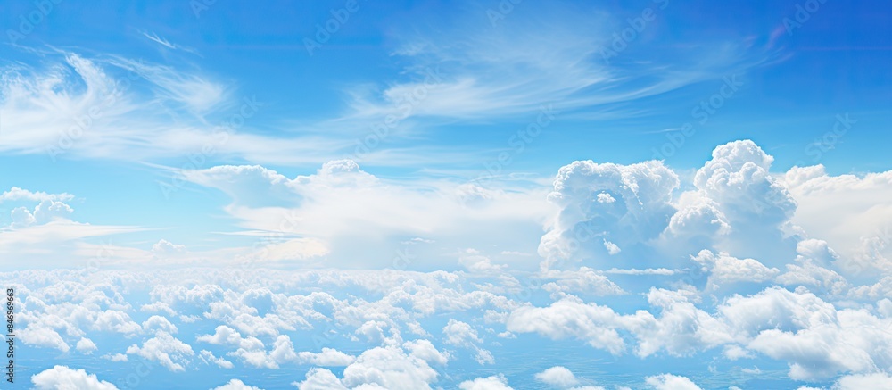 Aufkleber Plane soaring through vast blue sky with fluffy clouds below in cityscape backdrop. with copy space image. Place for adding text or design