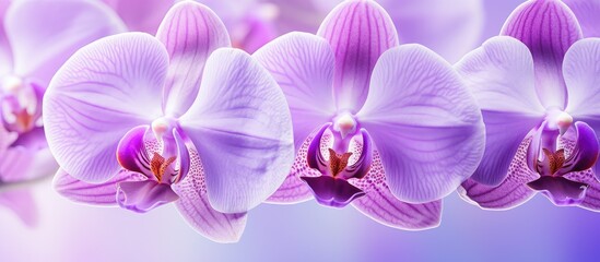 Vibrant violet orchids in full bloom against a matching lavender background. with copy space image. Place for adding text or design