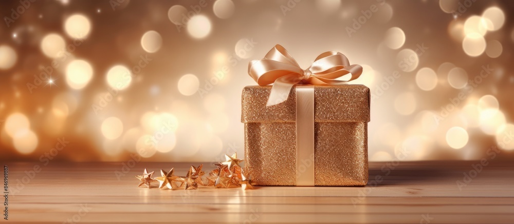 Poster a gold gift box adorned with a bow and stars placed on a wooden table, perfect for new year's and ho
