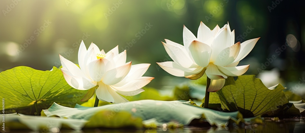 Poster Beautiful white lotus flowers blooming in a serene water setting on a sunny day. with copy space image. Place for adding text or design