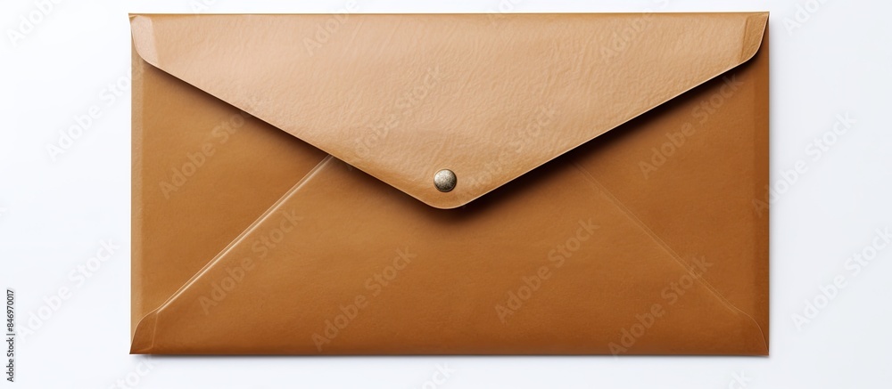 Poster square paper envelope with a brown leather cover, isolated on a plain white background. with copy sp