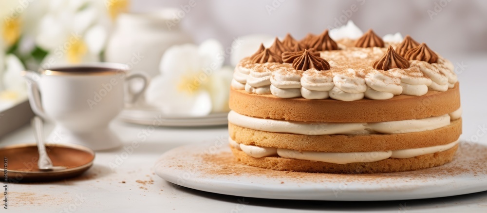 Fototapete Cake topped with whipped cream and chocolate on a white plate. with copy space image. Place for adding text or design