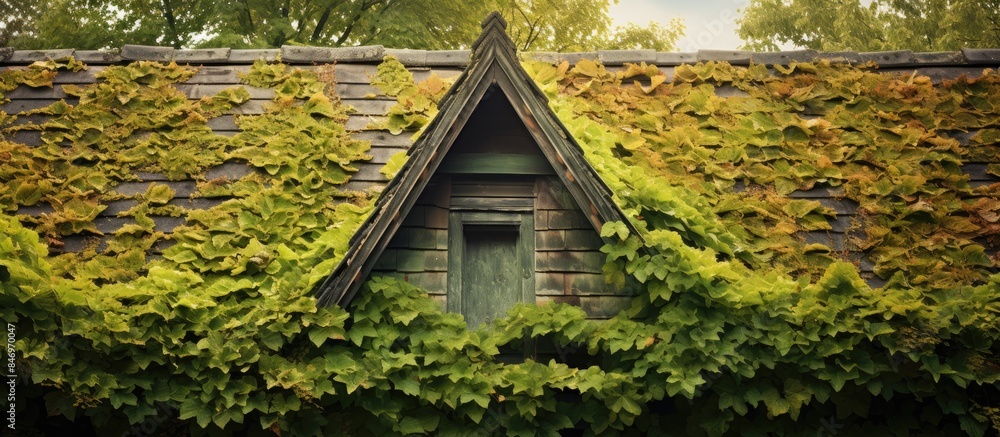Poster The roof of a structure is completely engulfed by green vines growing densely over it. with copy space image. Place for adding text or design