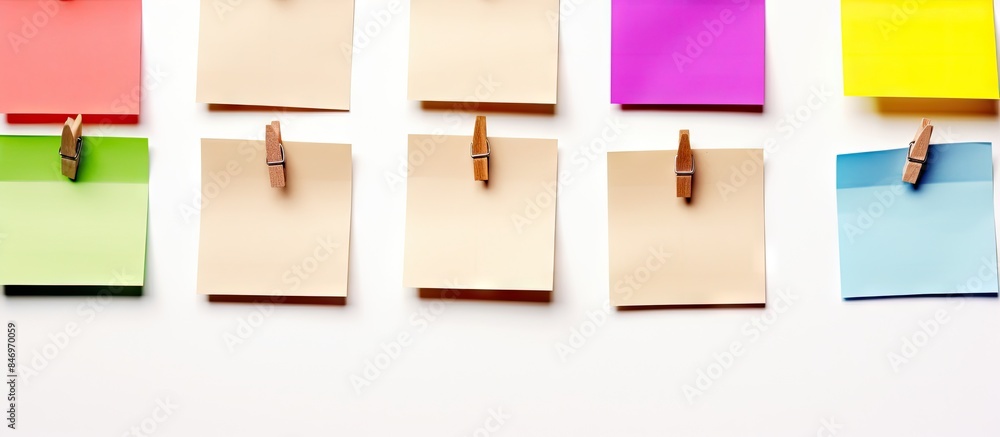Aufkleber Various colored reminder notes affixed to a clothes peg, creating a vibrant display of organization. with copy space image. Place for adding text or design