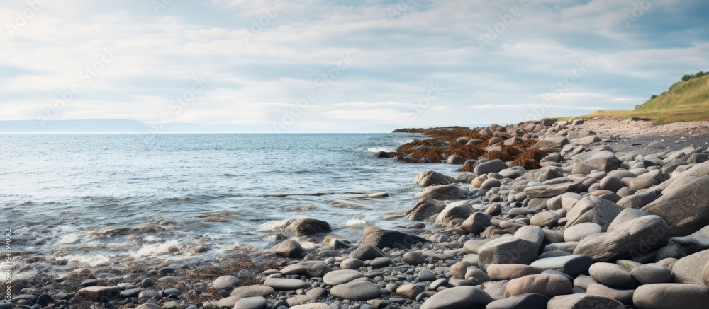 Poster Rocky shore with rocks and water under overcast skies. with copy space image. Place for adding text or design