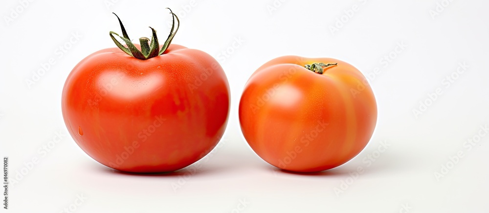 Poster two ripe tomatoes placed next to each other on a clean white tabletop. with copy space image. place 