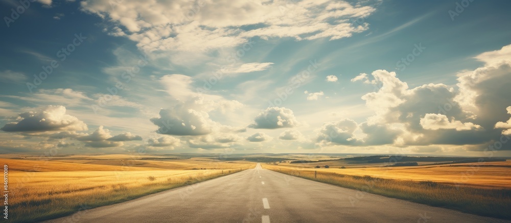 Leinwandbilder a scenic rural road meanders through expansive fields under a sky filled with fluffy white clouds. w