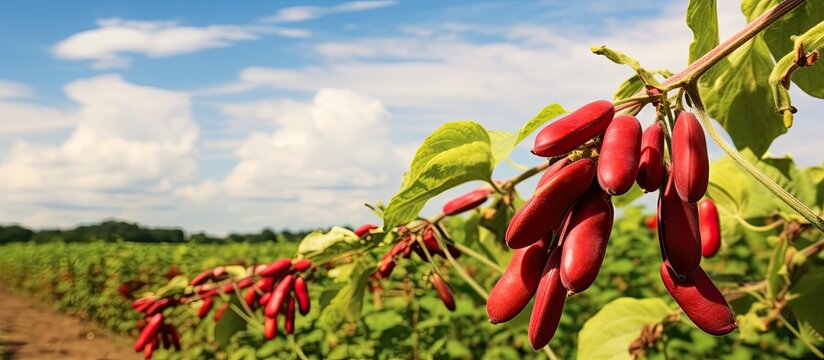 Lush red peppers growing abundantly on a tree in a vast field, alongside the red bean plant Vigna angularis. with copy space image. Place for adding text or design