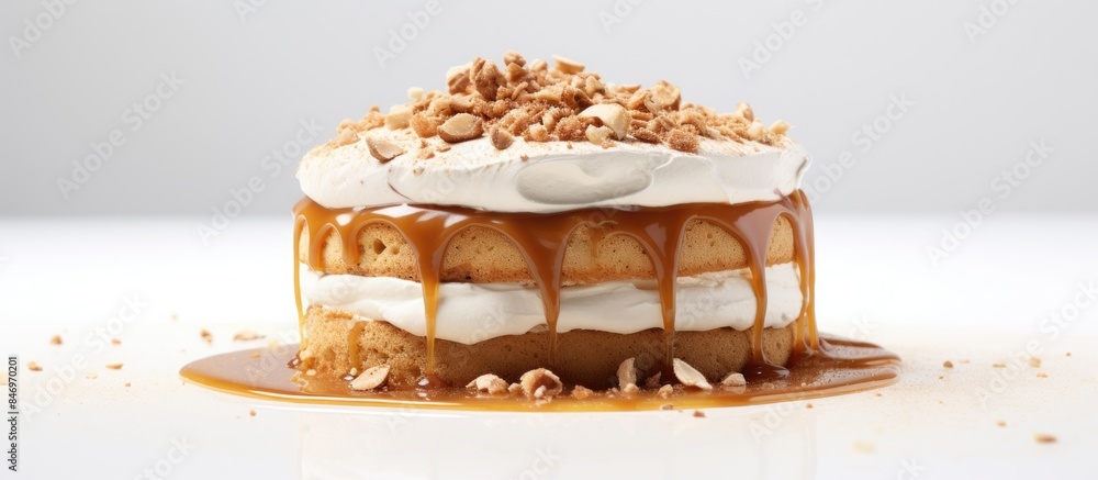 Fototapete delicious cake made with lotus biscoff flavor, topped with caramel and served on a white marble back