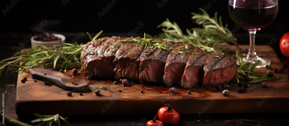 Poster Steak drizzled with red wine and sprinkled with a blend of herbs, cooked to perfection. with copy space image. Place for adding text or design
