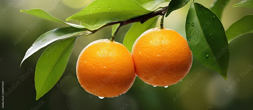 Poster ripe oranges, covered in water droplets, suspended from a branch of a fruit tree. with copy space im