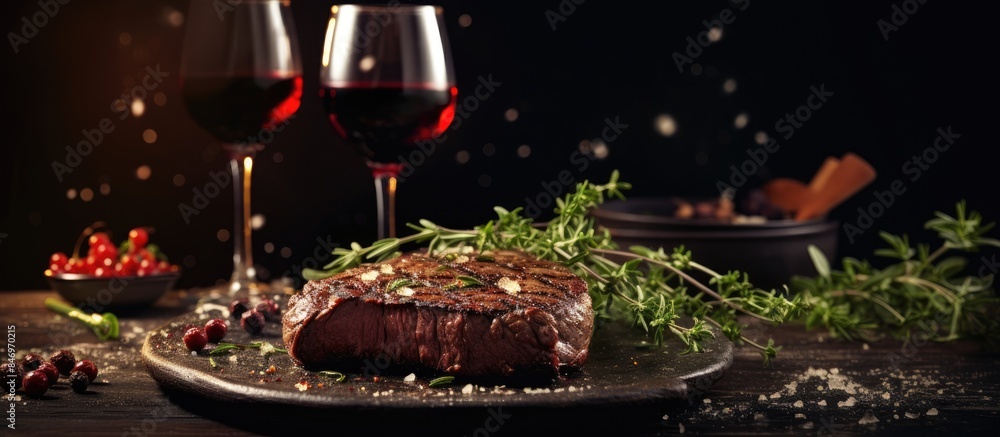 Poster deliciously cooked steak accompanied by a side of rich red wine and flavorful herbs, enhancing the d