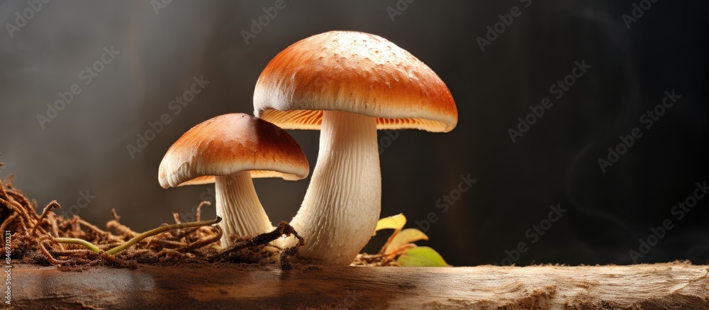 Poster wild mushrooms growing on a wooden log against a backdrop of swirling smoke. with copy space image. 