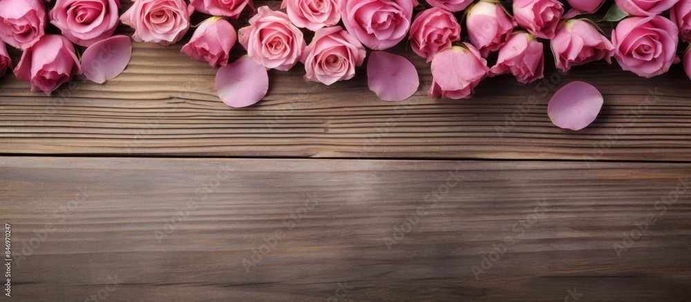 Fototapete Pink roses and a heart shape on a wooden table, creating a romantic setting with petals around. with copy space image. Place for adding text or design