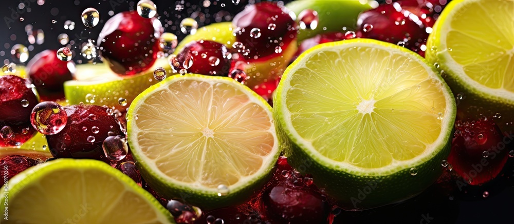 Leinwandbilder Assorted ripe fruit getting splashed with water, creating a refreshing and appetizing scene. with copy space image. Place for adding text or design