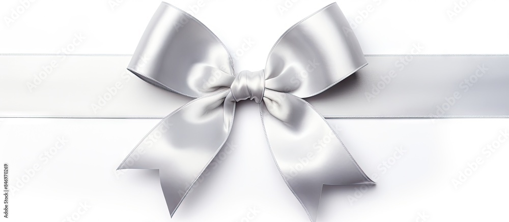 Poster Silver gift wrapping bow placed on a white ribbon against a white background, minimalistic and elegant. with copy space image. Place for adding text or design