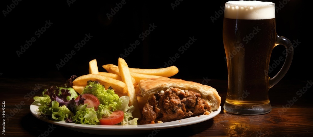 Poster giraffe sandwich and french fries served on a plate, accompanied by a glass of beer. pub pie with ch