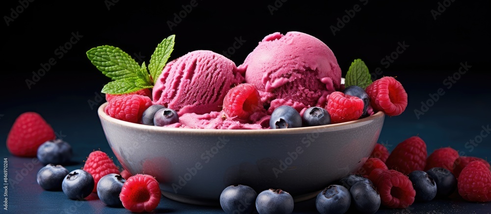 Fototapete delicious gelato topped with a colorful mix of fresh berries and a sprig of mint in a close-up shot.