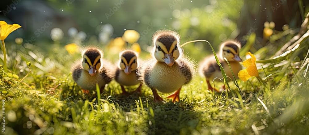 Poster adorable young ducklings on sunny day, walking in green grass. ducklings in coop, enjoying the warmt