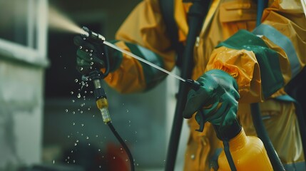 Fototapeta premium Spray gun with pesticides closeup An exterminator in work clothes sprays pesticides from a spray bottle Fight against insects in apartments and houses Disinsection of premises : Generative AI