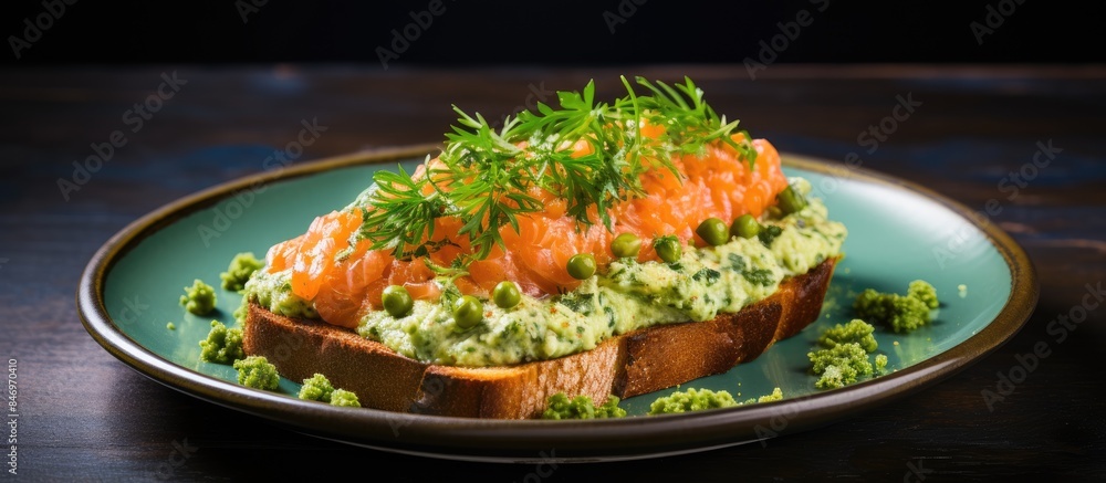 Poster Salmon and pearls on a plate, with a culinary twist: salmon tartare on toast with green sauce, perfect for food blogs. with copy space image. Place for adding text or design