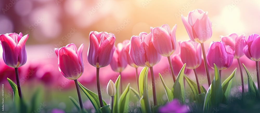 Poster lush pink tulips stand out in a meadow filled with vibrant purple flowers during springtime. with co