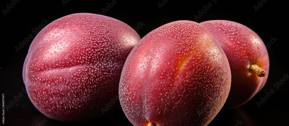 Poster glistening plums, covered in water droplets, rest on a dark surface. pluots, a hybrid fruit of plum 