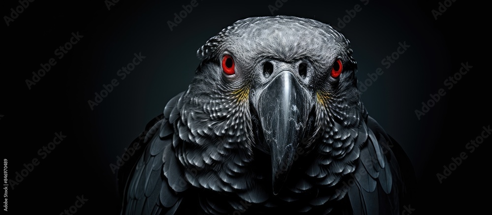 Poster The intense gaze of a bird with striking red eyes captured in a close-up shot set against a deep black background. with copy space image. Place for adding text or design