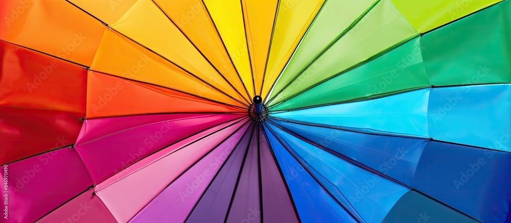 Poster A vibrant umbrella featuring a color wheel pattern, with a combination of bright hues and a unique design. with copy space image. Place for adding text or design