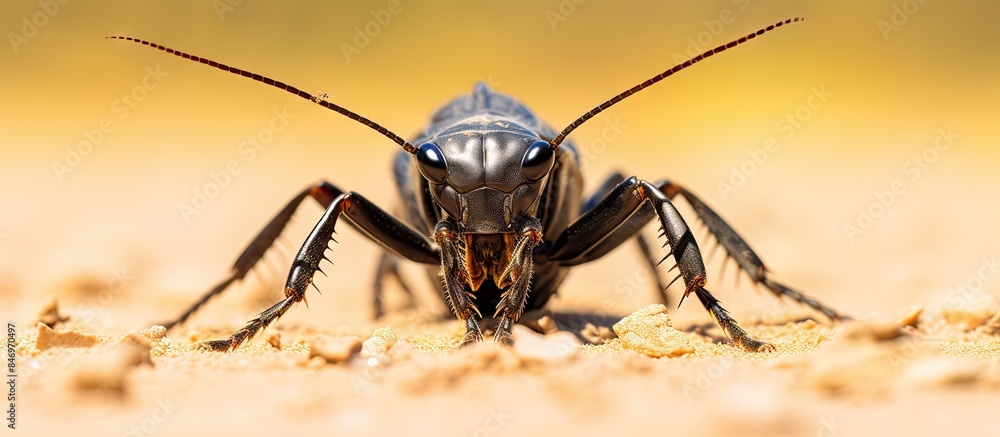Poster close-up image of a black mormon cricket on sandy desert ground, showing details of its body and sur