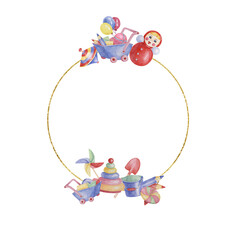 Obraz premium Toys round frame template, doll with pinwheel, humming top, balloons, blue cart and pencils. Watercolor play objects for birthday, gender reveal, baptism, birth announcement cards, playdate invitation