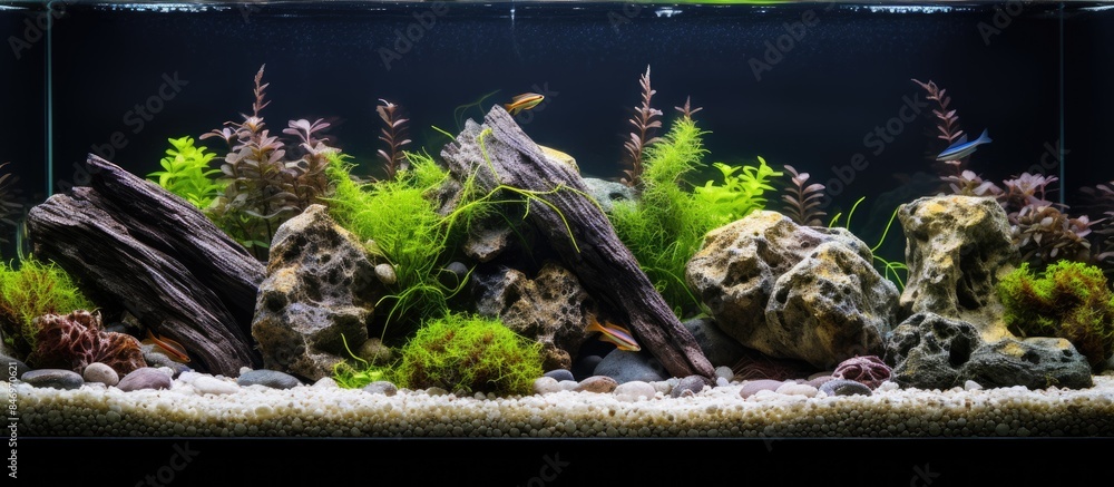 Poster Lush green plants and rocks create a serene underwater habitat in a close-up of a fish tank. with copy space image. Place for adding text or design