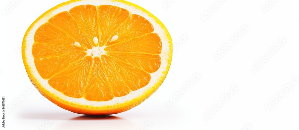 Poster half of an orange placed on a plain white surface. with copy space image. place for adding text or d