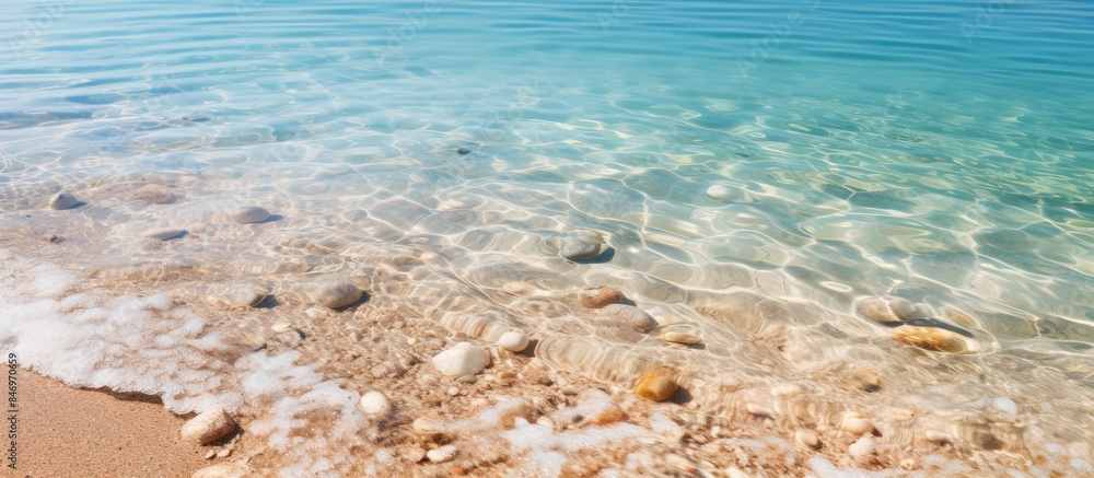 Poster close-up view of rocky beach with water, shoreline, sand, and small wet stones in waves. represents 