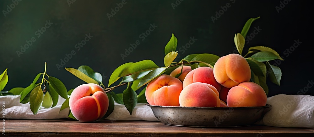 Poster arrangement of ripe peaches placed in a bowl resting on a wooden table. with copy space image. place