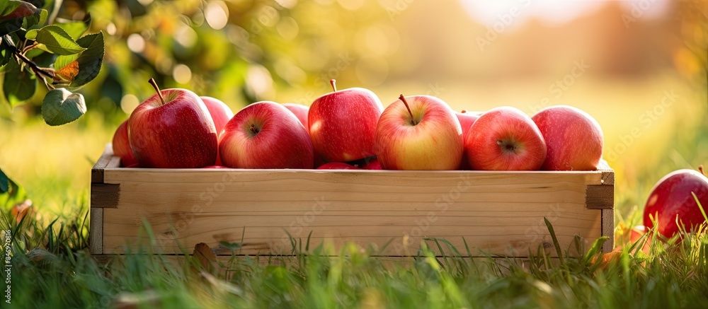 Aufkleber Freshly harvested red apples displayed in a wooden crate placed on green grass under sunlight. with copy space image. Place for adding text or design