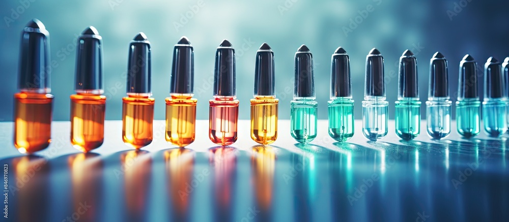 Poster Various colored perfume bottles neatly arranged in a row on a flat surface. Different colored medical ampoules displayed in a line on a table. with copy space image. Place for adding text or design